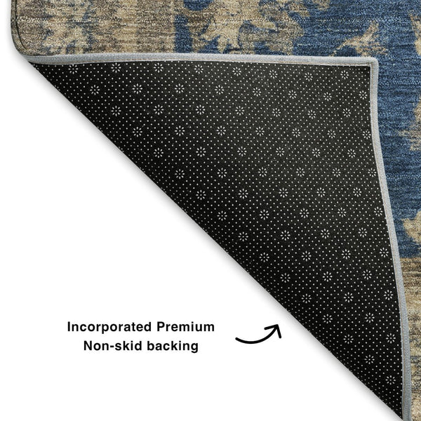 HomeRoots 5' X 8' Navy Blue & Beige Washable Oriental Area Rug - UV Protected, Stain Resistant & Non-Slip Design 699730