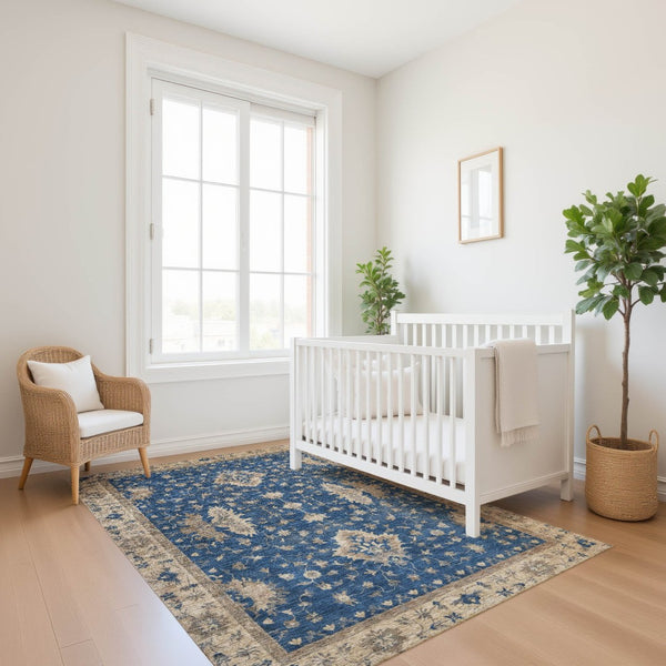 HomeRoots 5' X 8' Navy Blue & Beige Washable Oriental Area Rug - UV Protected, Stain Resistant & Non-Slip Design 699730