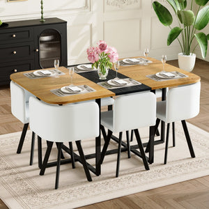 English Elm 7-piece Modern Dining Set with Two-tone Wood Table and Six White Pu Leather Chairs W3875S00127