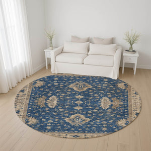 HomeRoots 8' Navy Blue and Beige Oriental Washable Round Rug - UV Protected, Stylish, Durable & Family-Friendly 699731
