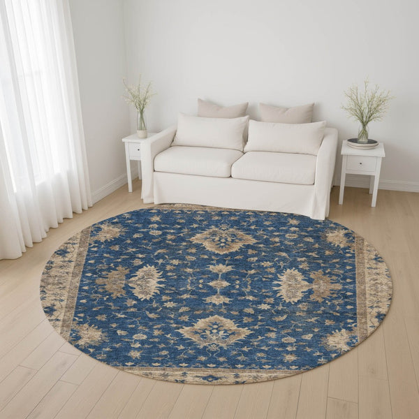 HomeRoots 8' Navy Blue and Beige Oriental Washable Round Rug - UV Protected, Stylish, Durable & Family-Friendly 699731