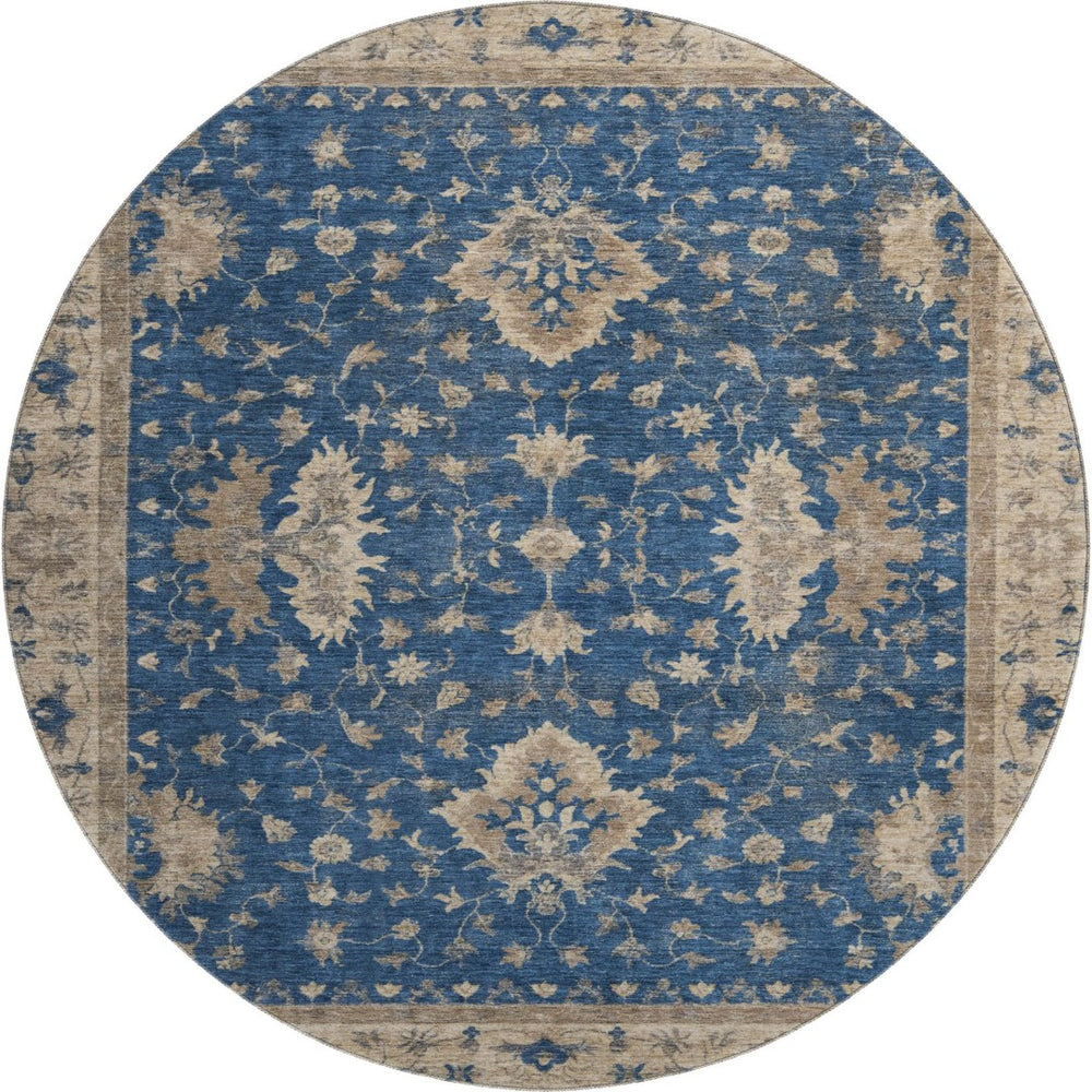 HomeRoots 8' Navy Blue and Beige Oriental Washable Round Rug - UV Protected, Stylish, Durable & Family-Friendly 699731