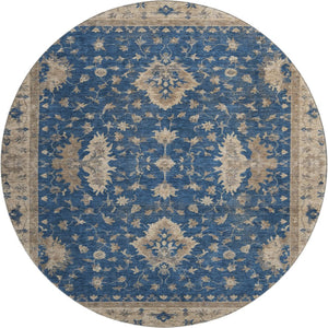 HomeRoots 8' Navy Blue and Beige Oriental Washable Round Rug - UV Protected, Stylish, Durable & Family-Friendly 699731