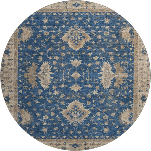 HomeRoots 8' Navy Blue and Beige Oriental Washable Round Rug - UV Protected, Stylish, Durable & Family-Friendly 699731