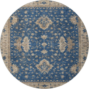 HomeRoots 8' Navy Blue and Beige Oriental Washable Round Rug - UV Protected, Stylish, Durable & Family-Friendly 699731