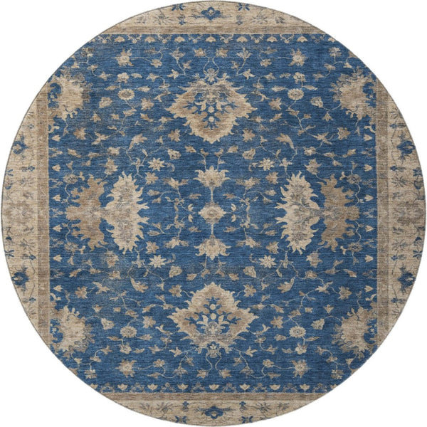 HomeRoots 8' Navy Blue and Beige Oriental Washable Round Rug - UV Protected, Stylish, Durable & Family-Friendly 699731