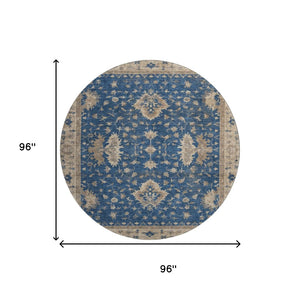 HomeRoots 8' Navy Blue and Beige Oriental Washable Round Rug - UV Protected, Stylish, Durable & Family-Friendly 699731