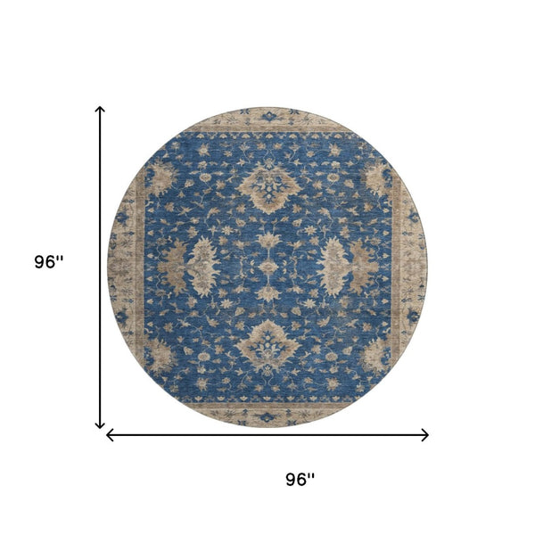 HomeRoots 8' Navy Blue and Beige Oriental Washable Round Rug - UV Protected, Stylish, Durable & Family-Friendly 699731