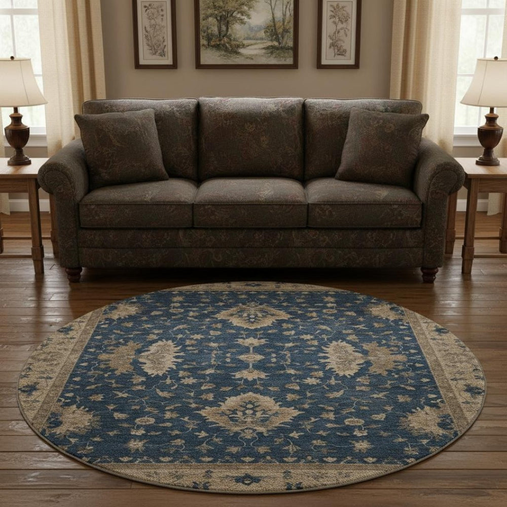 HomeRoots 8' Navy Blue and Beige Oriental Washable Round Rug - UV Protected, Stylish, Durable & Family-Friendly 699731