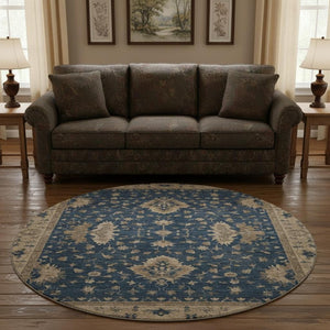 HomeRoots 8' Navy Blue and Beige Oriental Washable Round Rug - UV Protected, Stylish, Durable & Family-Friendly 699731