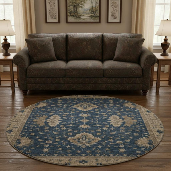 HomeRoots 8' Navy Blue and Beige Oriental Washable Round Rug - UV Protected, Stylish, Durable & Family-Friendly 699731