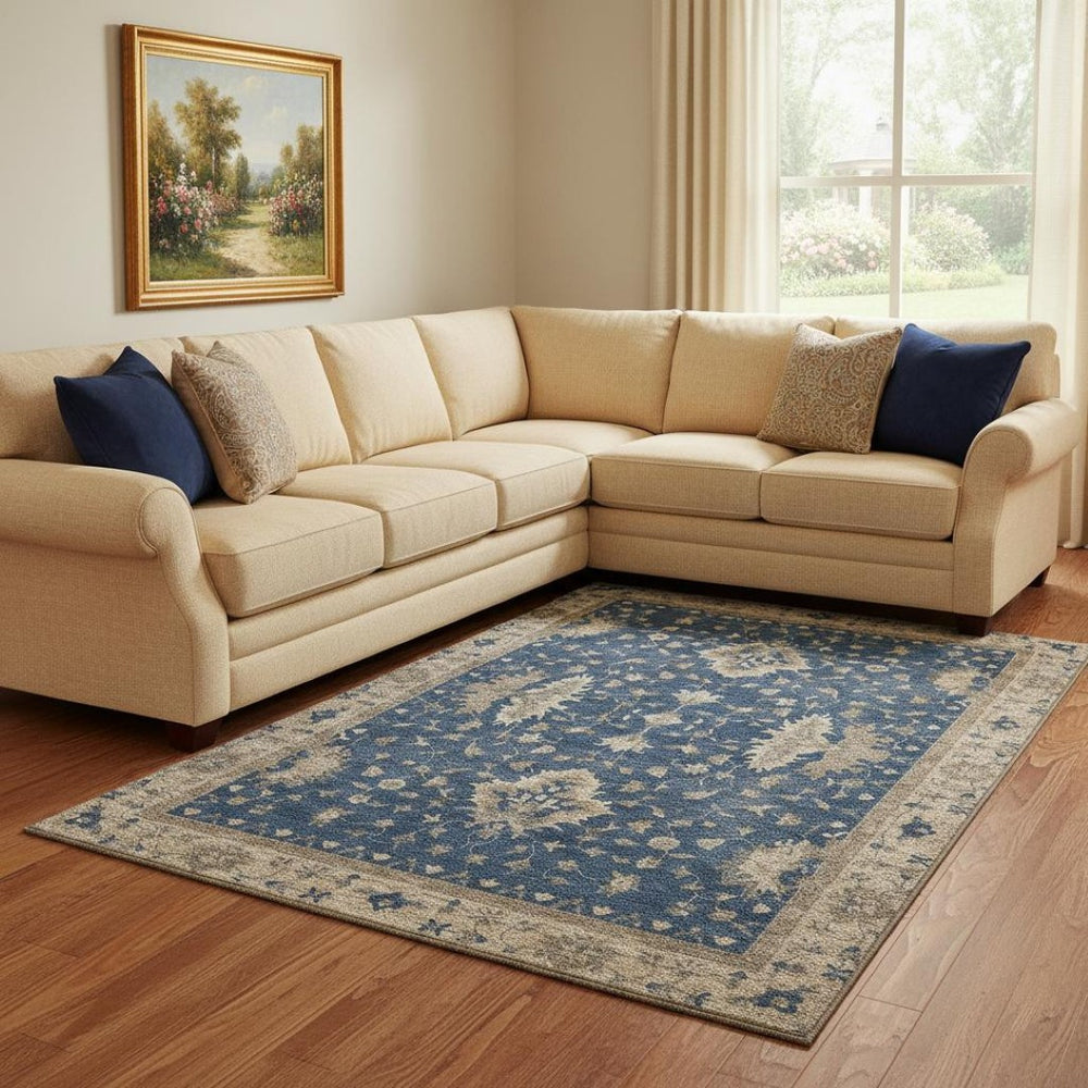 HomeRoots 8' X 10' Navy Blue and Beige Oriental Area Rug - Stylish, Durable, Washable with UV Protection & Non-Slip 699732