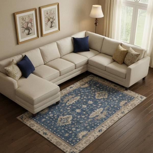 HomeRoots 9' X 12' Navy Blue & Beige Oriental Washable Area Rug – Stain Resistant, UV Protected, Durable Design 699733