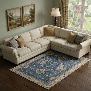 HomeRoots 10' X 14' Navy Blue & Beige Oriental Area Rug – Washable, UV-Protected, Durable & Stylish Design 699734