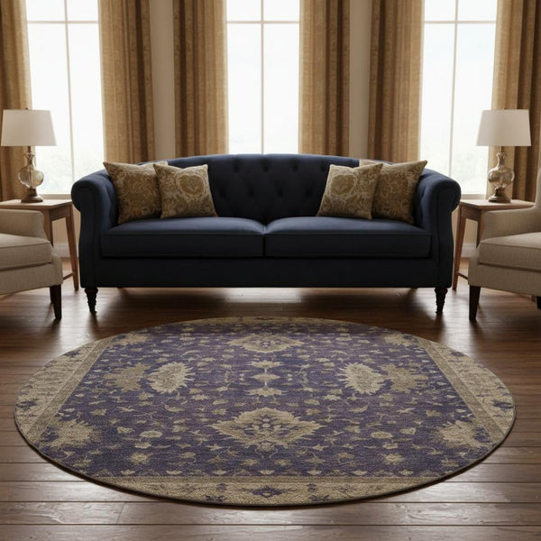 HomeRoots 8' Round Purple and Beige Oriental Rug – Washable, UV-Protected, Kid & Pet-Friendly Elegance 699737