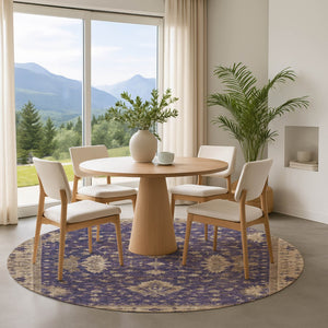 HomeRoots 8' Round Purple and Beige Oriental Rug – Washable, UV-Protected, Kid & Pet-Friendly Elegance 699737