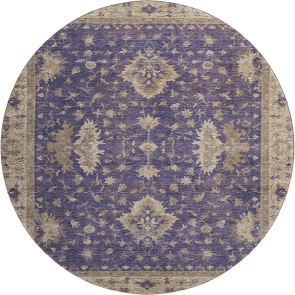 HomeRoots 8' Round Purple and Beige Oriental Rug – Washable, UV-Protected, Kid & Pet-Friendly Elegance 699737