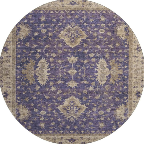 HomeRoots 8' Round Purple and Beige Oriental Rug – Washable, UV-Protected, Kid & Pet-Friendly Elegance 699737