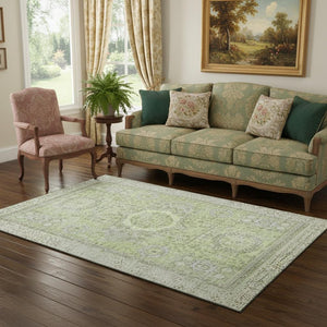 HomeRoots 5' X 8' Artichoke Green & Gray Oriental Washable Area Rug - Stylish, Durable, UV Protected Design 699742