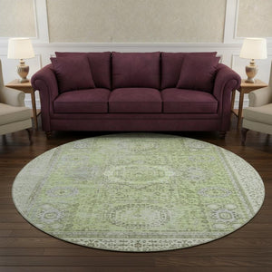 HomeRoots 8' Artichoke Green & Gray Oriental Round Rug - Washable, UV-Protected, Durable & Stylish for Any Space 699743