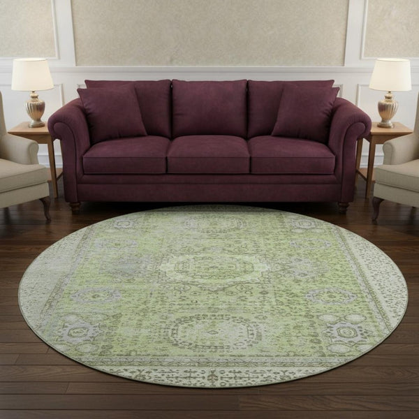HomeRoots 8' Artichoke Green & Gray Oriental Round Rug - Washable, UV-Protected, Durable & Stylish for Any Space 699743