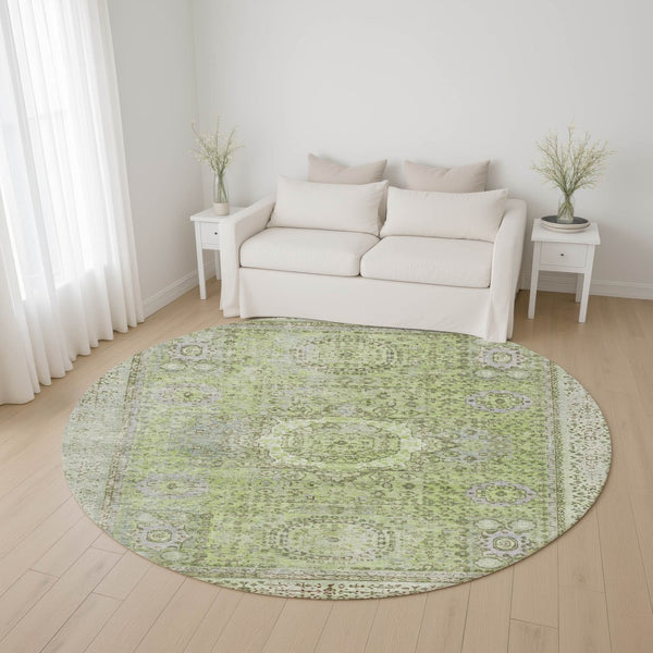 HomeRoots 8' Artichoke Green & Gray Oriental Round Rug - Washable, UV-Protected, Durable & Stylish for Any Space 699743