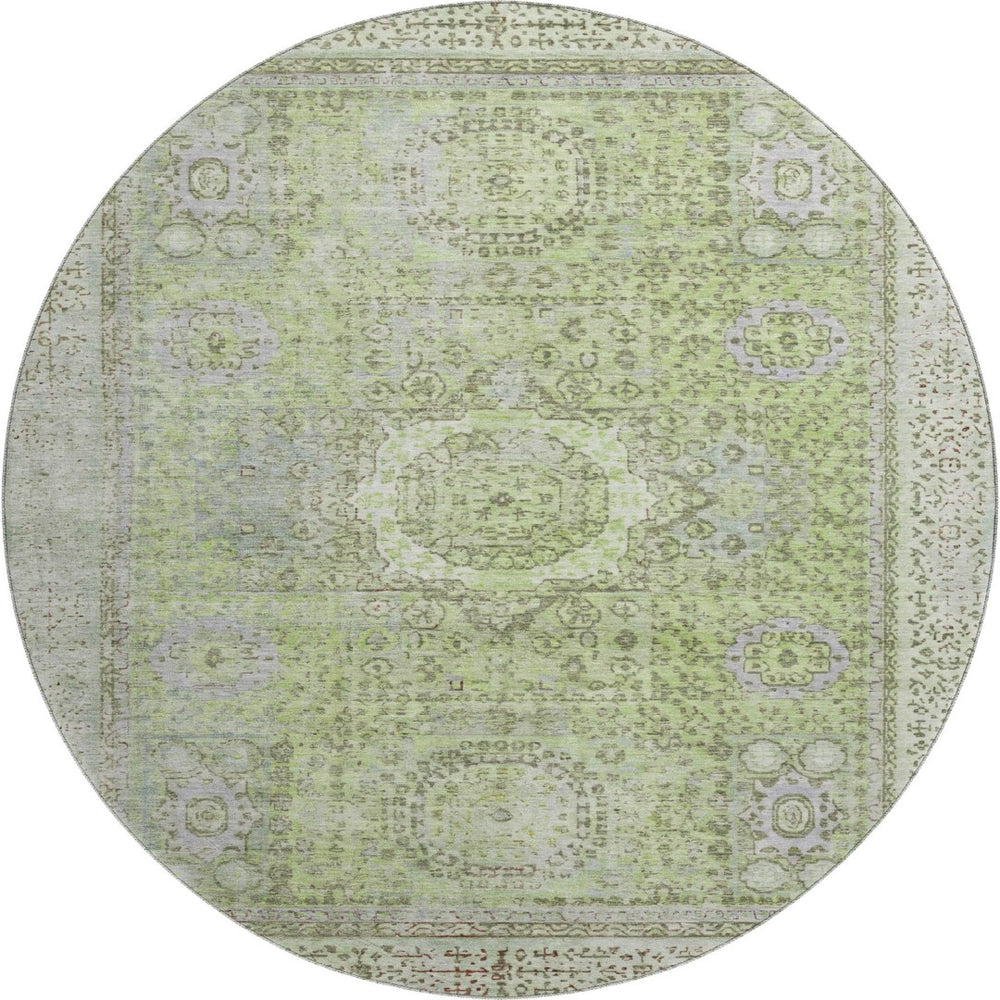 HomeRoots 8' Artichoke Green & Gray Oriental Round Rug - Washable, UV-Protected, Durable & Stylish for Any Space 699743