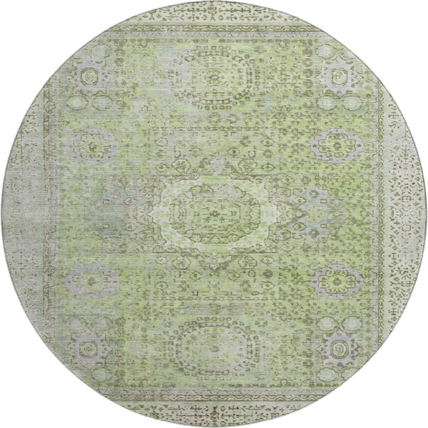 HomeRoots 8' Artichoke Green & Gray Oriental Round Rug - Washable, UV-Protected, Durable & Stylish for Any Space 699743