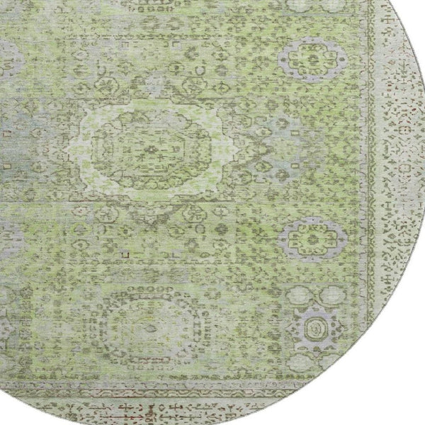 HomeRoots 8' Artichoke Green & Gray Oriental Round Rug - Washable, UV-Protected, Durable & Stylish for Any Space 699743