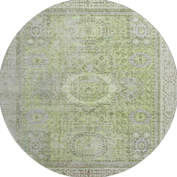 HomeRoots 8' Artichoke Green & Gray Oriental Round Rug - Washable, UV-Protected, Durable & Stylish for Any Space 699743