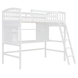 English Elm Twin Loft Bed with Built-in Desk Corner Shelves and Ladder Solid Pine White Frame LT100140KAA
