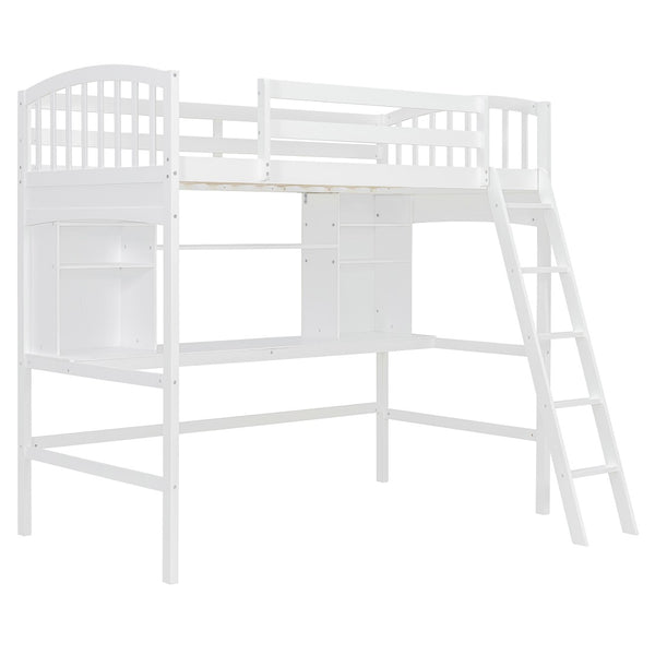English Elm Twin Loft Bed with Built-in Desk Corner Shelves and Ladder Solid Pine White Frame LT100140KAA