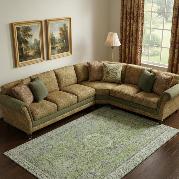 HomeRoots 10' X 14' Artichoke Green & Gray Oriental Washable Area Rug - Stylish, Durable, UV Protected & Easy Care 699746