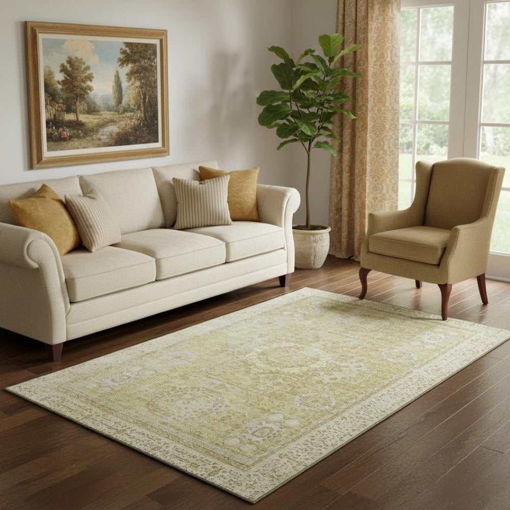 HomeRoots 5' X 8' Beige and Gold Oriental Area Rug – Stylish, Washable, UV-Protected, Durable for Busy Homes 699748