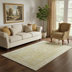 HomeRoots 5' X 8' Beige and Gold Oriental Area Rug – Stylish, Washable, UV-Protected, Durable for Busy Homes 699748