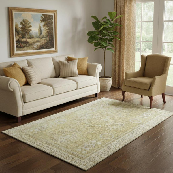 HomeRoots 5' X 8' Beige and Gold Oriental Area Rug – Stylish, Washable, UV-Protected, Durable for Busy Homes 699748