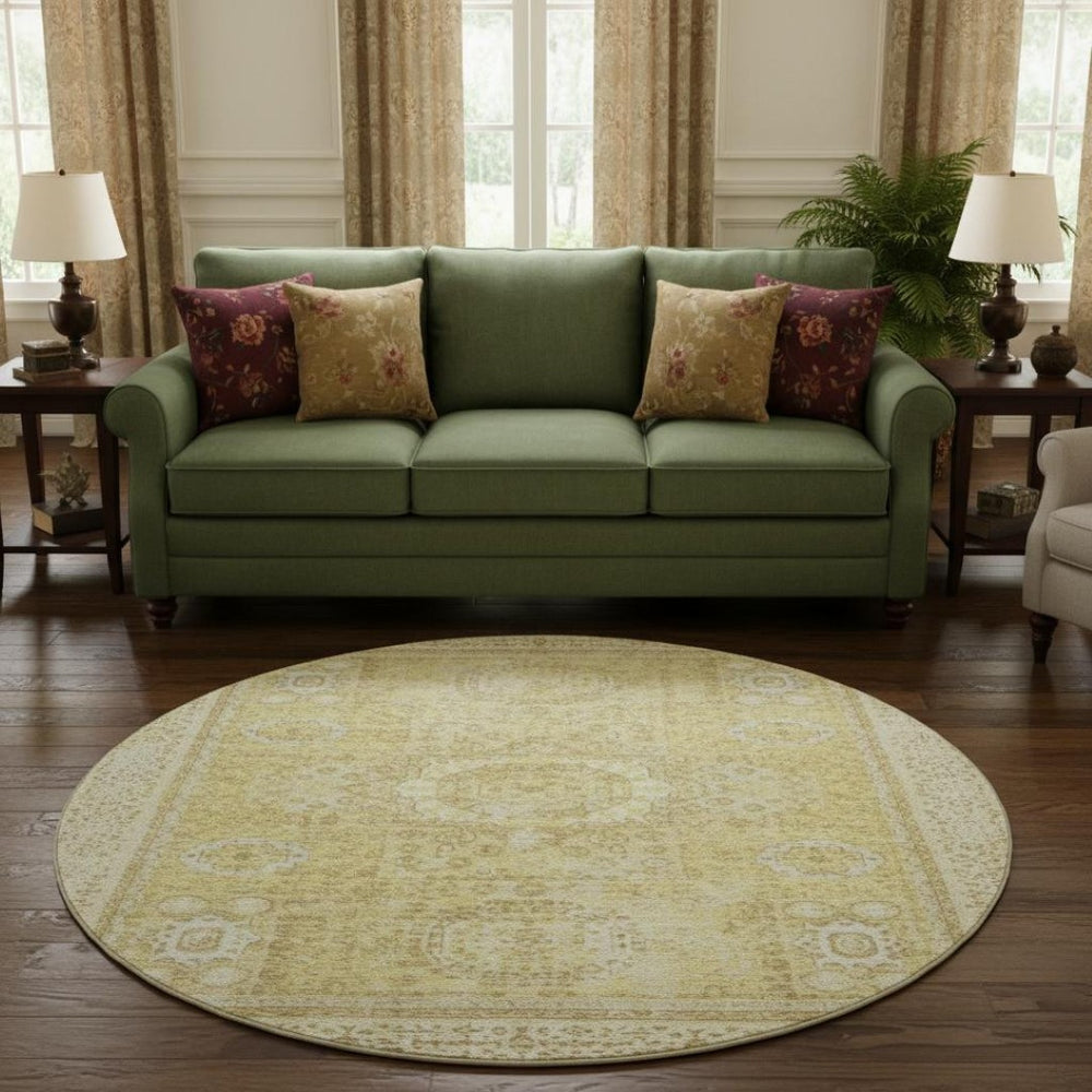 HomeRoots 8' Beige and Gold Oriental Round Rug – Washable, Stain-Resistant, UV Protected for Family Spaces 699749
