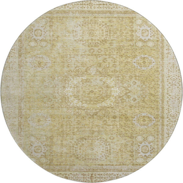 HomeRoots 8' Beige and Gold Oriental Round Rug – Washable, Stain-Resistant, UV Protected for Family Spaces 699749