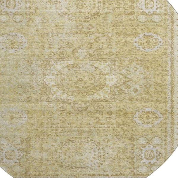 HomeRoots 8' Beige and Gold Oriental Round Rug – Washable, Stain-Resistant, UV Protected for Family Spaces 699749