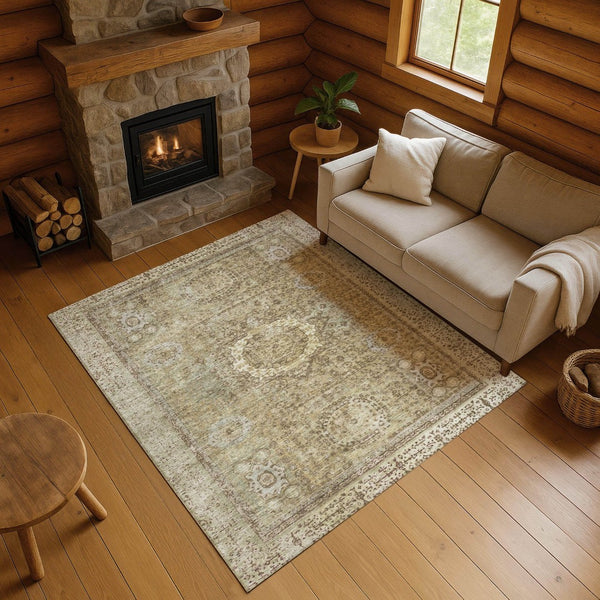 HomeRoots 5' X 8' Brown and Beige Oriental Area Rug – Durable, Washable, UV-Protected, Perfect for Busy Homes! 699754