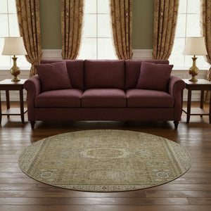 HomeRoots 8' Brown and Beige Oriental Round Rug - Durable, Washable, UV-Protected for Stylish, Family-Friendly Homes 699755