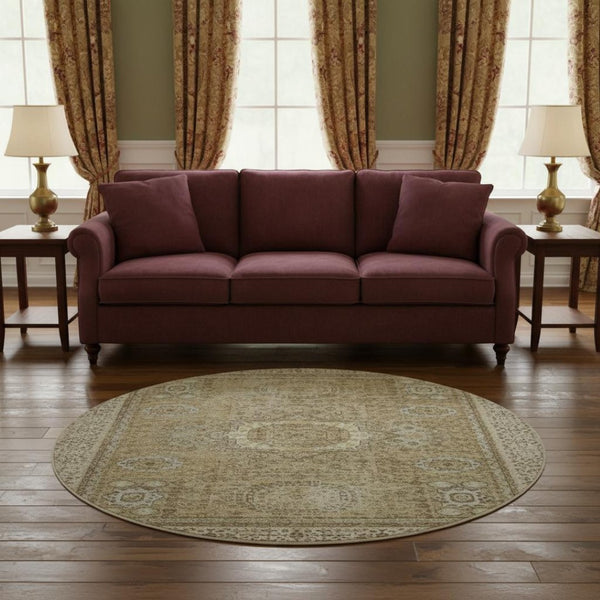 HomeRoots 8' Brown and Beige Oriental Round Rug - Durable, Washable, UV-Protected for Stylish, Family-Friendly Homes 699755