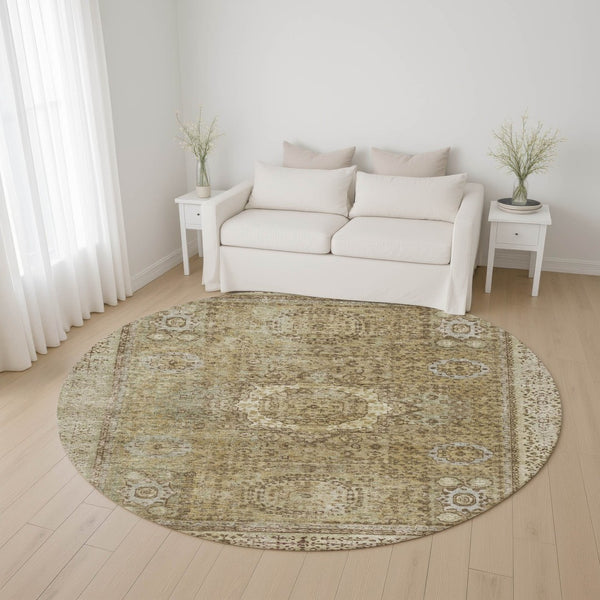 HomeRoots 8' Brown and Beige Oriental Round Rug - Durable, Washable, UV-Protected for Stylish, Family-Friendly Homes 699755
