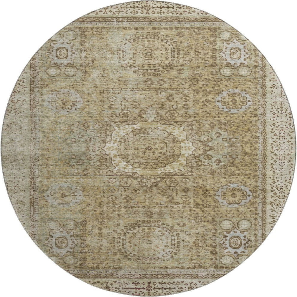 HomeRoots 8' Brown and Beige Oriental Round Rug - Durable, Washable, UV-Protected for Stylish, Family-Friendly Homes 699755