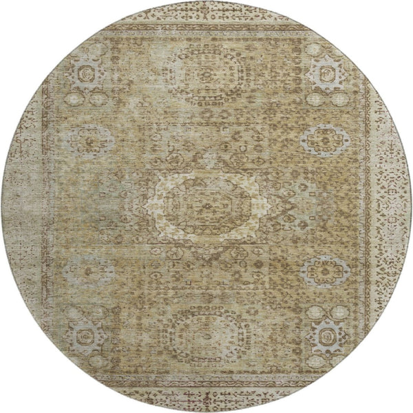 HomeRoots 8' Brown and Beige Oriental Round Rug - Durable, Washable, UV-Protected for Stylish, Family-Friendly Homes 699755