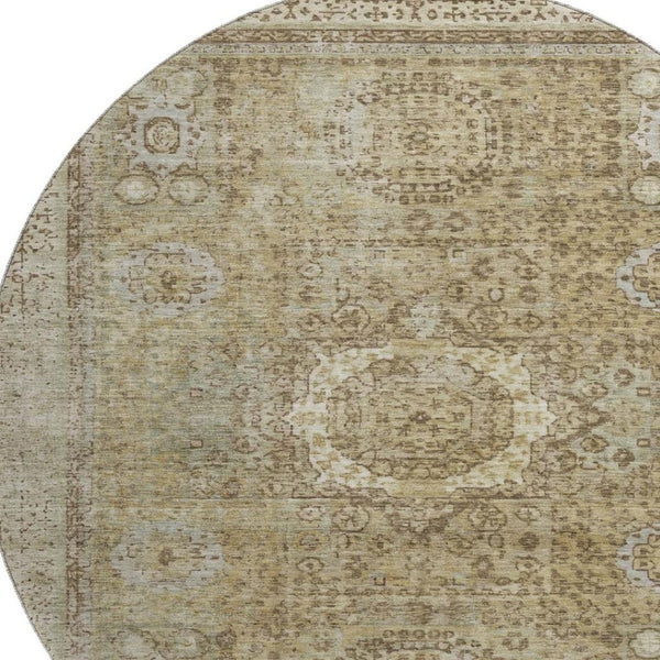 HomeRoots 8' Brown and Beige Oriental Round Rug - Durable, Washable, UV-Protected for Stylish, Family-Friendly Homes 699755
