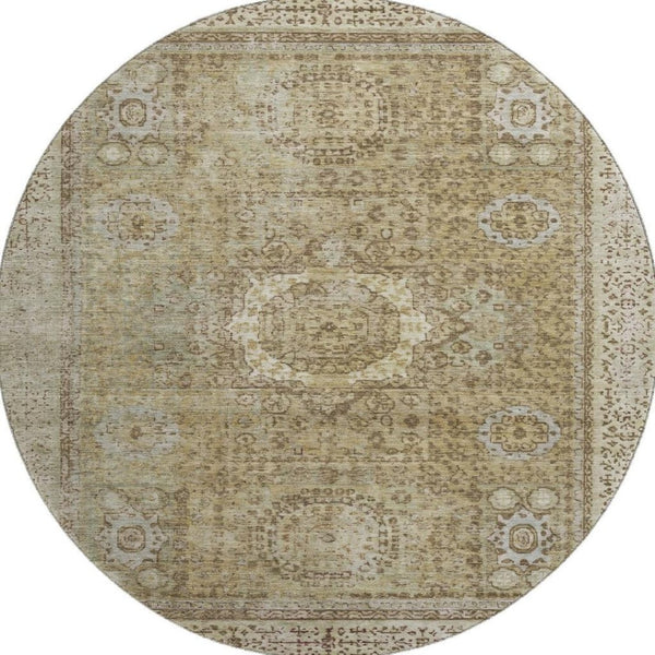 HomeRoots 8' Brown and Beige Oriental Round Rug - Durable, Washable, UV-Protected for Stylish, Family-Friendly Homes 699755