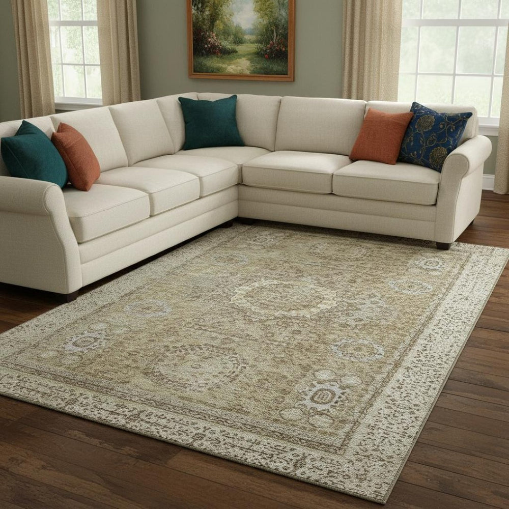 HomeRoots 8' X 10' Brown And Beige Oriental Area Rug - Washable, UV Protected, Stylish & Durable for Homes 699756
