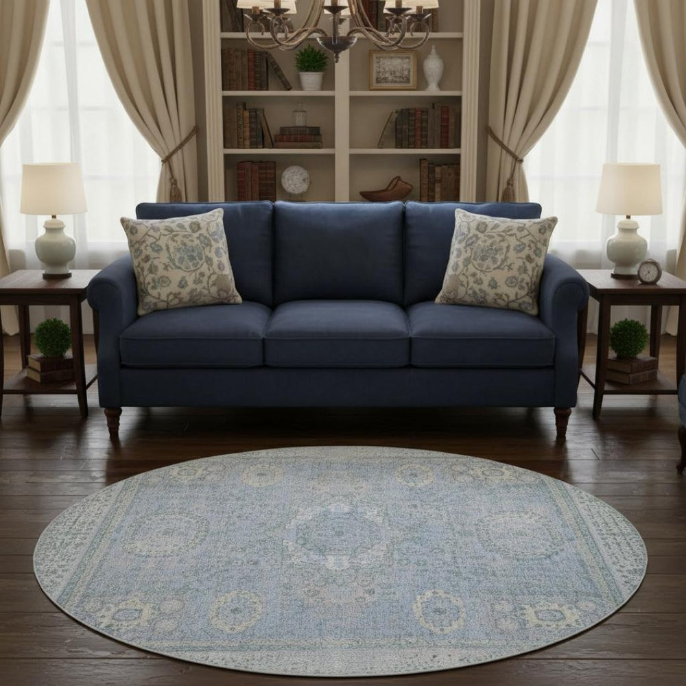 HomeRoots 8' Blue and Gray Oriental Washable Round Rug with UV Protection - Elegant, Durable, Easy Care! 699761