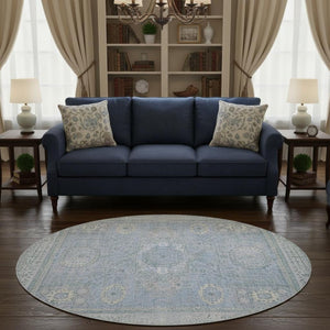 HomeRoots 8' Blue and Gray Oriental Washable Round Rug with UV Protection - Elegant, Durable, Easy Care! 699761